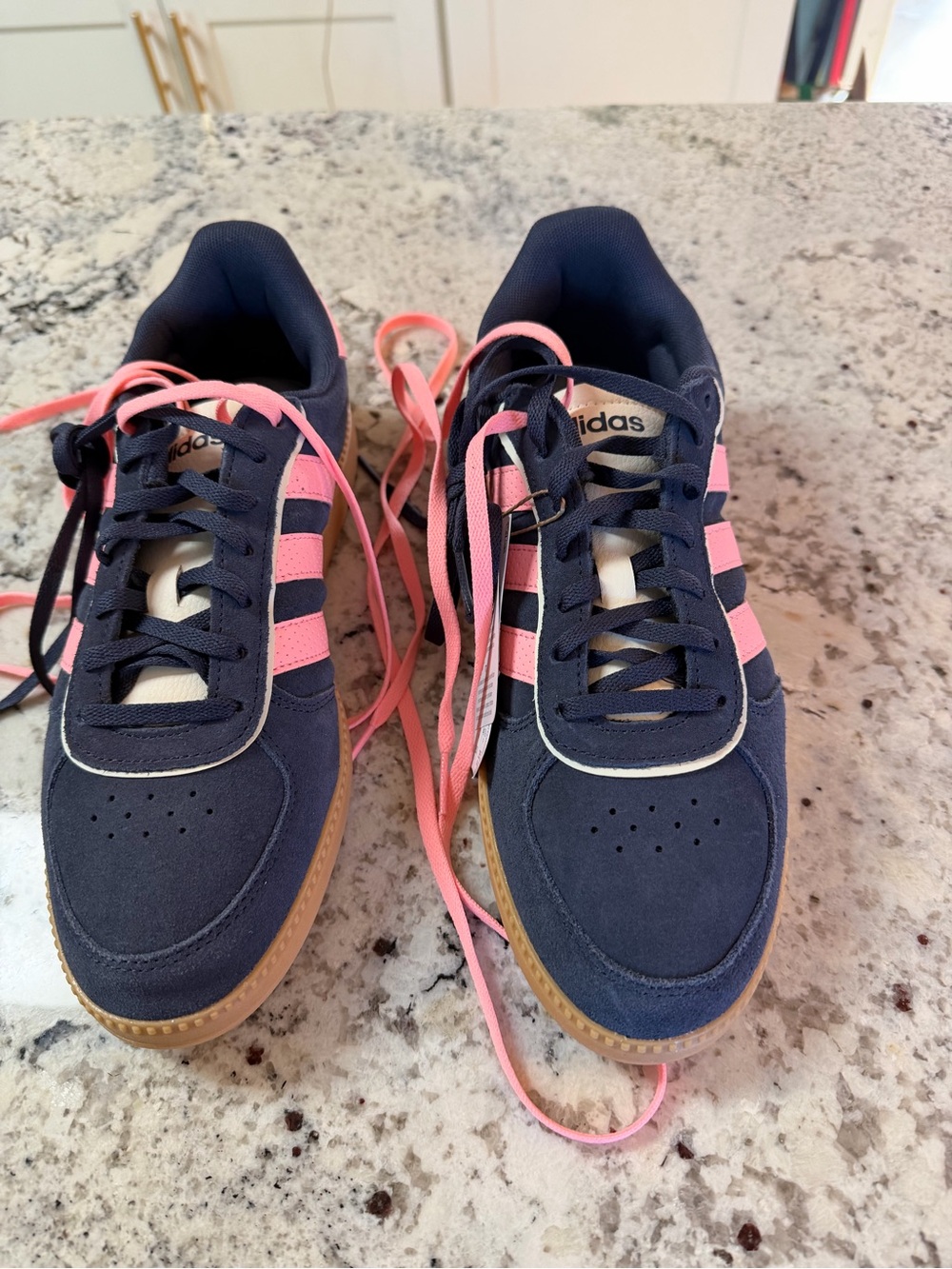 adidas Navy Suede Sneakers with Pink Stripes